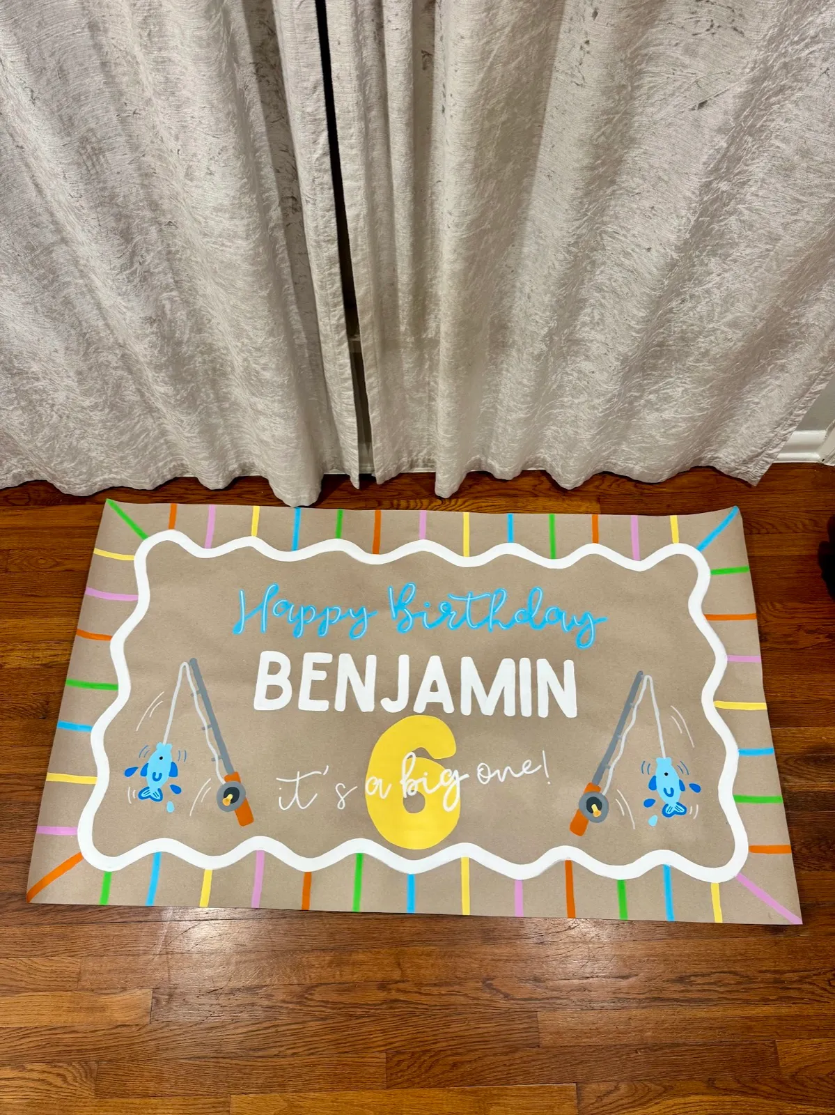 Benjamin’s “big one” fishing 6th — hand-painted banner by SATX Painted Banners
