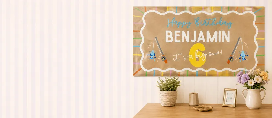 Hand-painted Happy Birthday Benjamin banner displayed on a styled wall