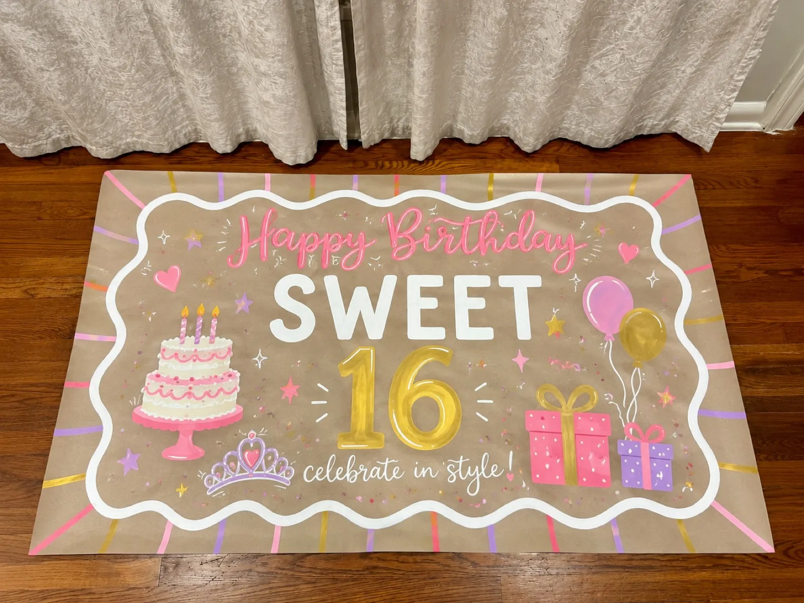 “Sweet 16, celebrate in style” banner — hand-painted banner by SATX Painted Banners